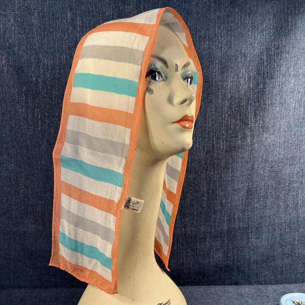 VINTAGE sscarf Katja XIIX Karat silk Crepe coral turquoise Striped 5x34